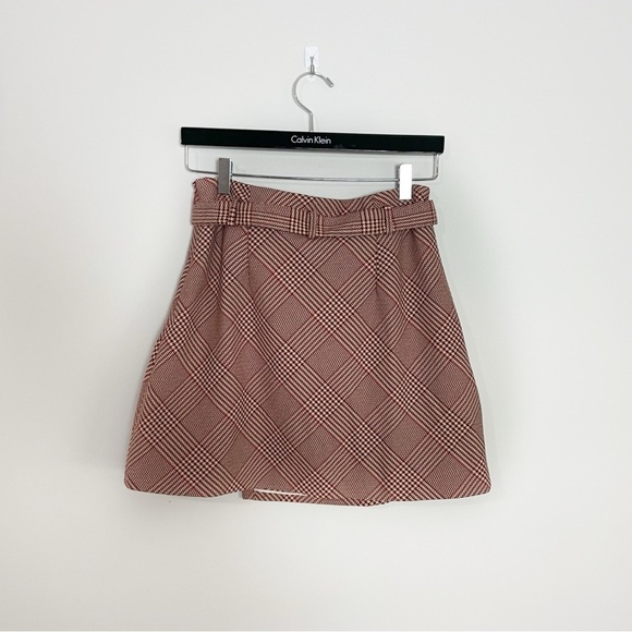 [H&M[ Red & Tan Houndstooth Print Academic Belted Faux Wrap Mini Skirt - Picture 10 of 10
